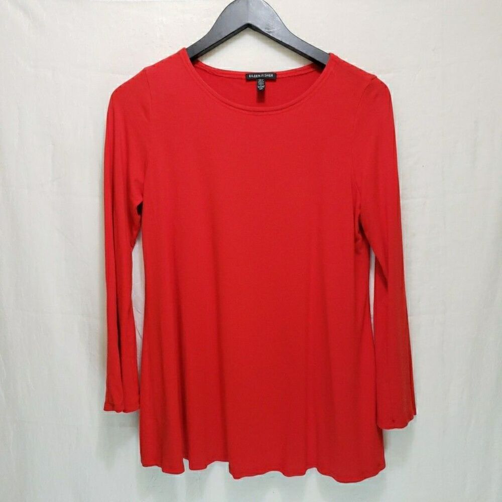 Eileen Fisher Red Viscose Jersey Long Sleeve Tunic S Petite Crew Neck Stretch